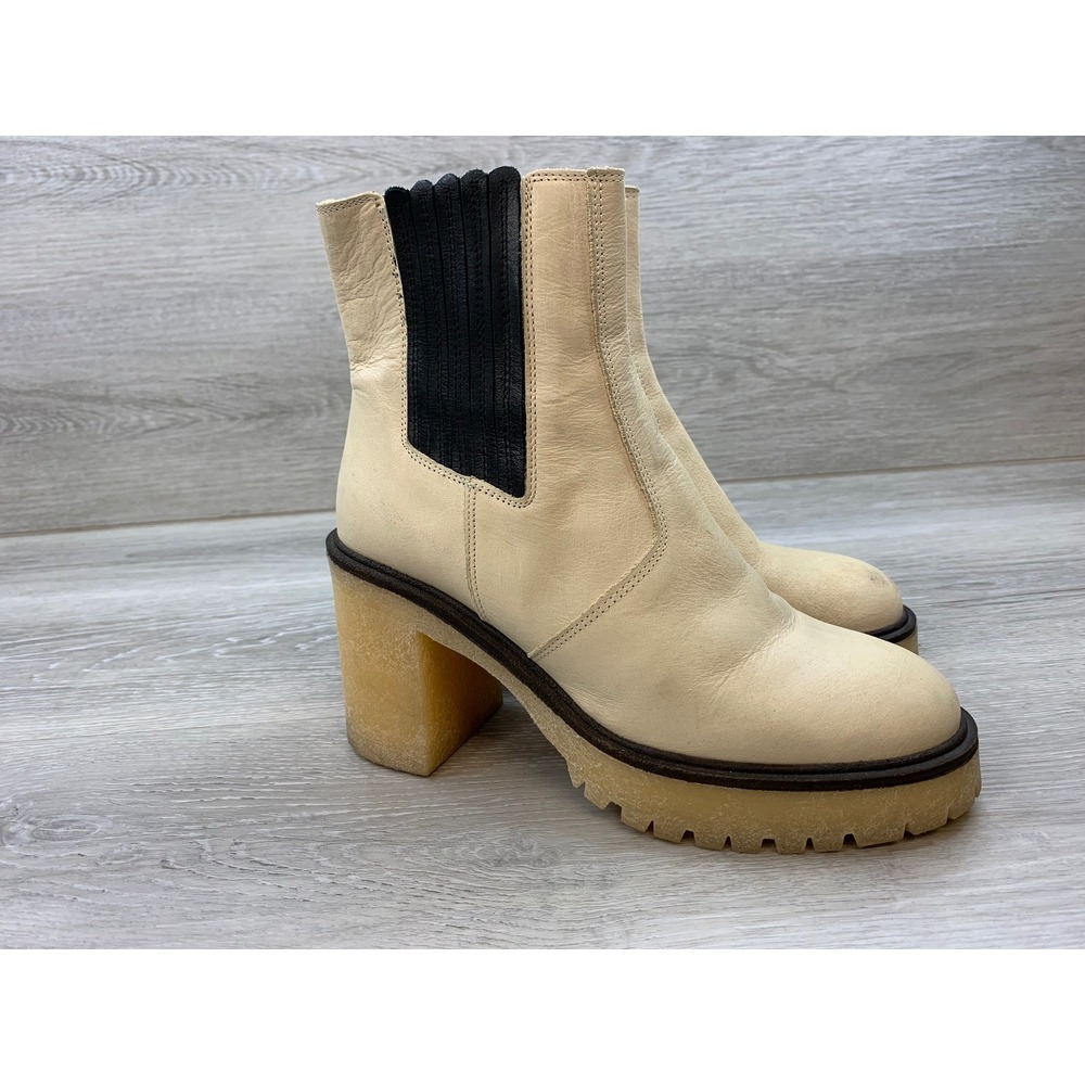 Free People Tan Leather Chunky Block Heel Lug Sole Ankle Boots 38.5 Spain